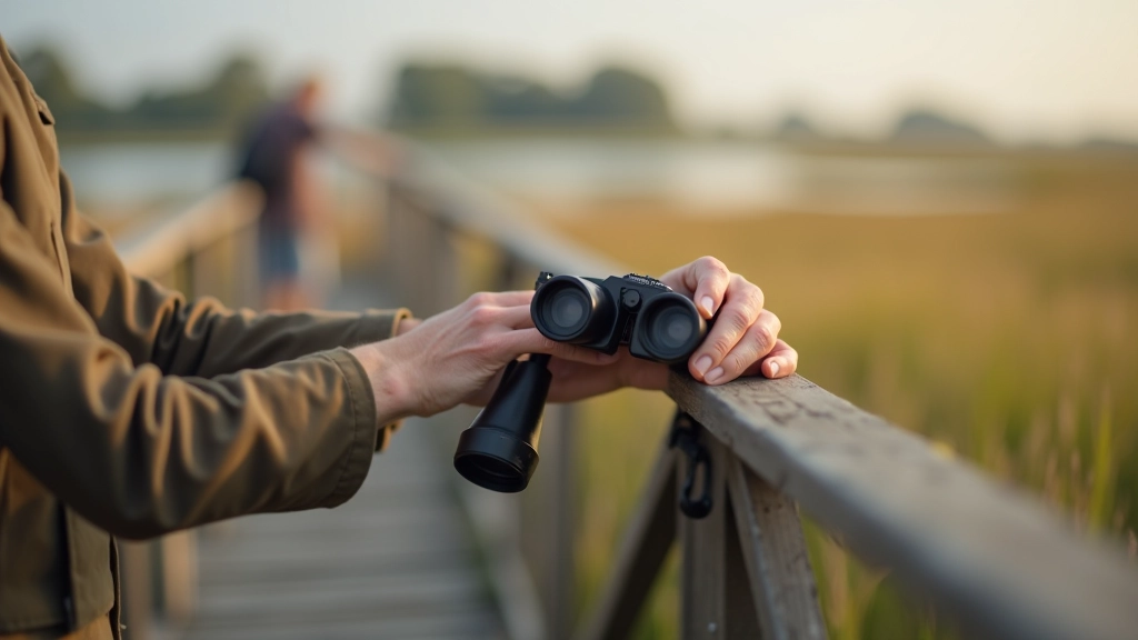 Senyvo žmogaus rankos su žiūronu, stovinti ant medienos takos, gamtos fone